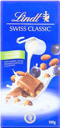 Picture of LINDT SWISS MILK RAISIN AND NUTS 100G