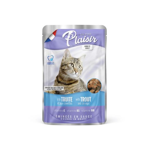Picture of PLAISIR ADULT CAT CHUNKS WITH TROUT SHRIMPS IN GRAVY POUCH 100G