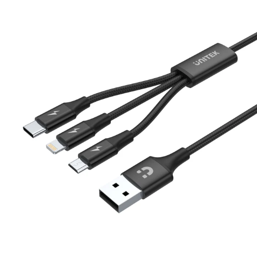 Picture of UNITEK C14049BK 1 2M 3 IN 1 USB CHARGING CABLE LIGHTNING TYPE C MICRO USB BLACK