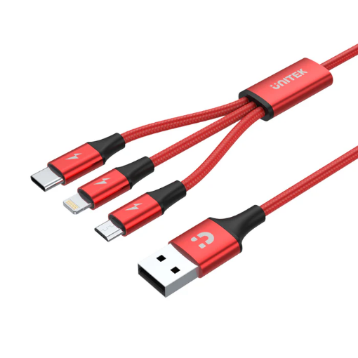 Picture of UNITEK C4049RD 3 IN 1 USB CHARGING CABLE USB C LIGHTNING MICRO USB RED