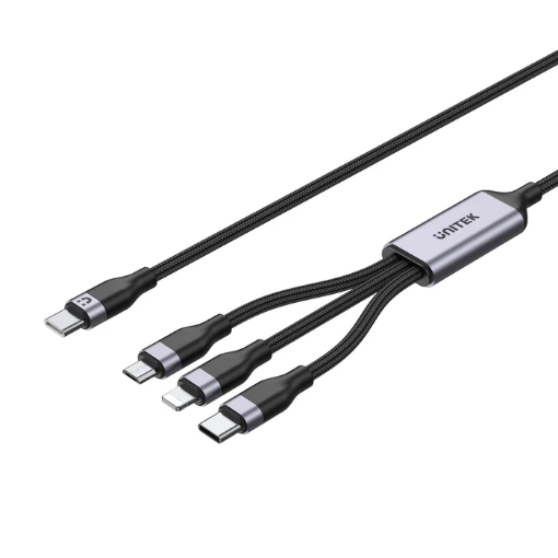 Picture of UNITEK C14101BK 1 5M 3IN1 USB C CHARGING CABLE MICRO USB 10W USB C 15W LIGHTNING